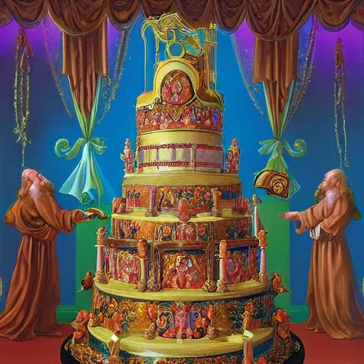 Prompt: painting of a holy baroque cake by greg hildebrandt
