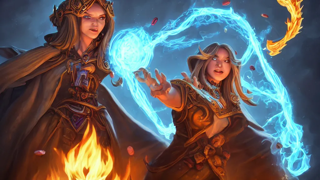 Image similar to hearthstone official professional art. a sorceress, wearing a robe casting a fire ball. insanely coherent physical body parts ( face, arms, legs, hair, eyes, pupil, eye white ). full body realistic, sharp focus, 8 k high definition, insanely detailed, intricate, elegant, smooth, sharp focus, illustration, artstation