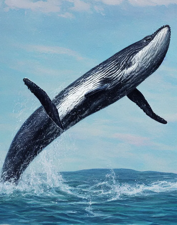 Prompt: high detail painting of a humback whale jumping out of water