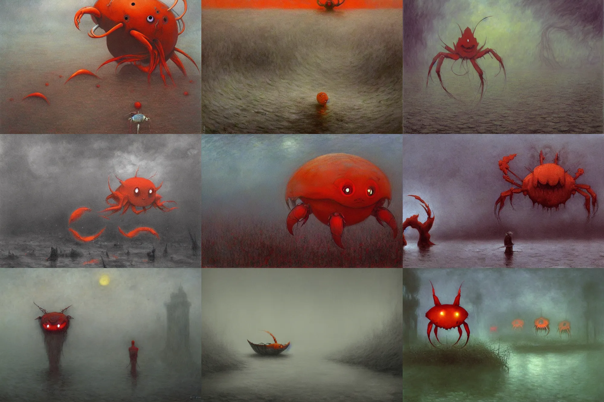 Prompt: gloomy eerie photo of corphish. orange cartoon pokemon crab. zdislaw beksinski, yoshitaka amano, creepy, horror, beautiful painting by claude monet 8 k