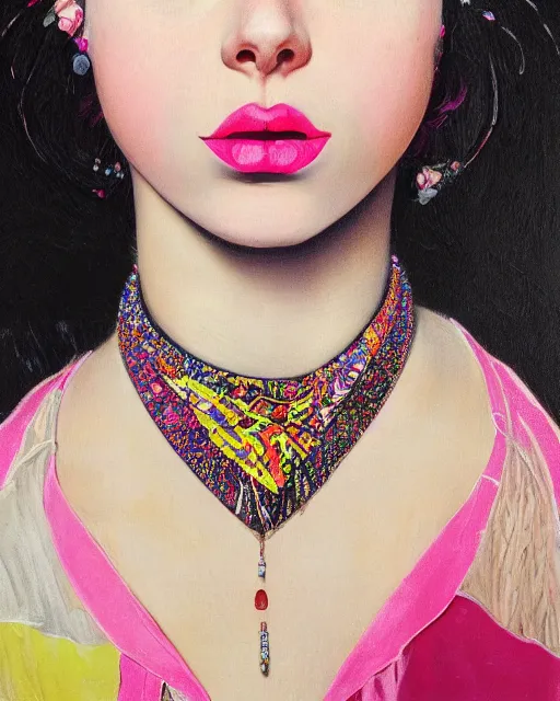 Prompt: a close up of beautiful cheerleader girl with pink lipstick wearing a multicoloured necklace surrounded by colourful intricate patterns, by caravaggio and michael whelan, intricate painting, hyper realistic, extremely detailed and beautiful aesthetic face, 8 k resolution