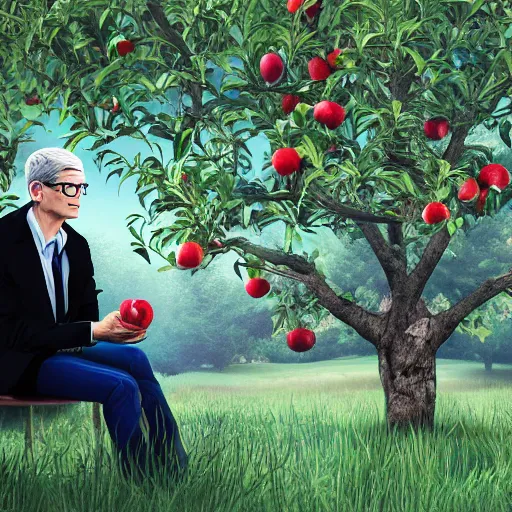 Image similar to tim cook eating an apple below an apple tree, cinematic digital art