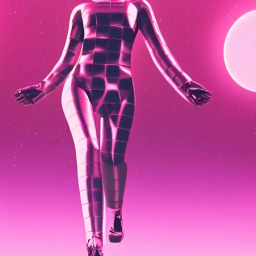 Image similar to A wide angle shot from below of a feminine body walking with swagger towards camera on mars in an infinite universe , synthwave digital art