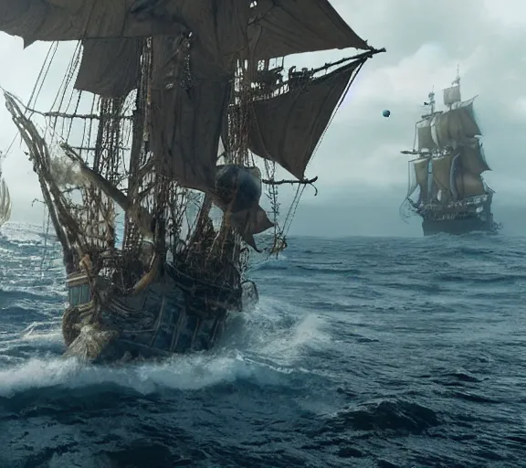 Image similar to still of davy jones playing basketball, pirates of the caribbean screenshot, movie still, photorealistic, cinematic lighting, daylight, deck of the ship, clean composition