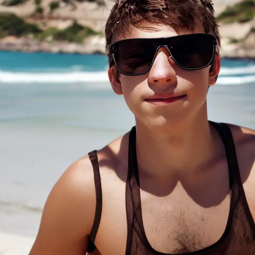 Prompt: portrait of a teenage boy with natural brown hair, sunglasses and fisher net tanktop. detailed face. beach background.