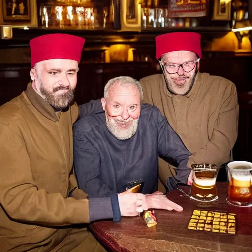 Prompt: the three wise men in period regal clothing in a wetherspoons pub having a pint