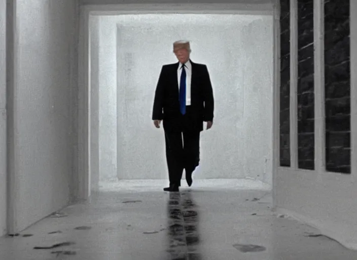 Prompt: screenshot from moody scene of Donald Trump entering the zone, scene from the film Stalker 1979 film directed by andrei tarkovsky, kodak film stock, anamorphic lens, 4K, film grain, detailed, stunning cinematography