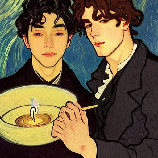 Image similar to painting of young cute handsome beautiful dark medium wavy hair man in his 2 0 s named shadow taehyung and cute handsome beautiful min - jun together at the halloween! party, bubbling cauldron!, candles!, smoke, autumn! colors, elegant, wearing suits!, clothes!, delicate facial features, art by alphonse mucha, vincent van gogh, egon schiele