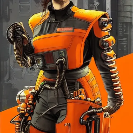 Image similar to mechanic wearing cyberpunk 2 0 7 7 industrial mechanical arms. orange and black color scheme. concept art by james gurney and mœbius. ( apex legends )