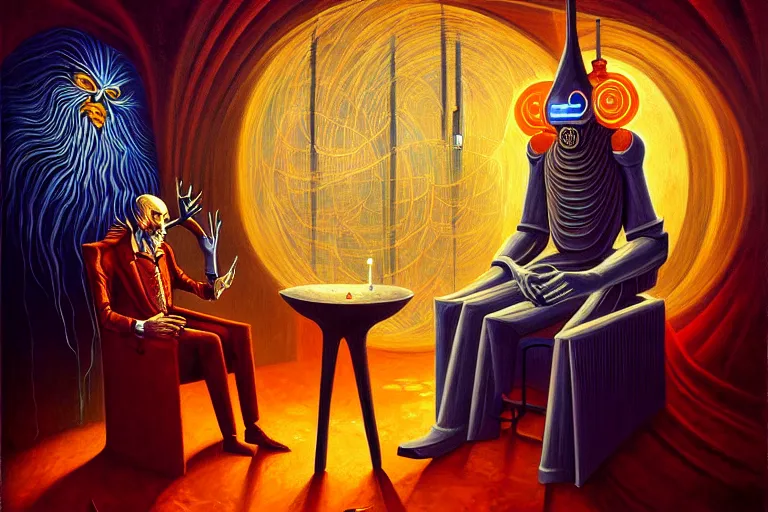 Image similar to a beautiful masterpiece painting of a cybernetic wizard discussing sentience with his AI by Remedios Varo and Anato Finnstark