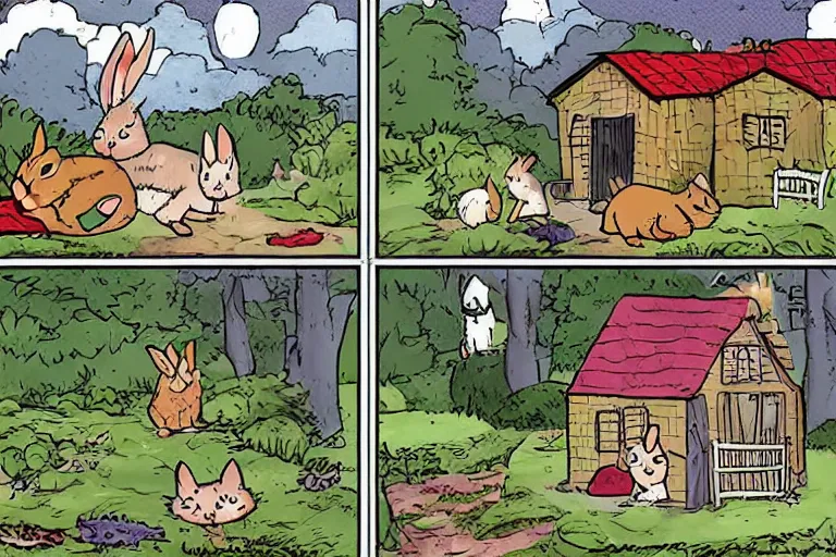 Image similar to a rabbit and a cat dressed in cottagecore living in a cottage, the rabbit has a vegetable garden and the cat is fixing the roof, comic book art style, pictures in sequence, storyboarding, speech bubbles