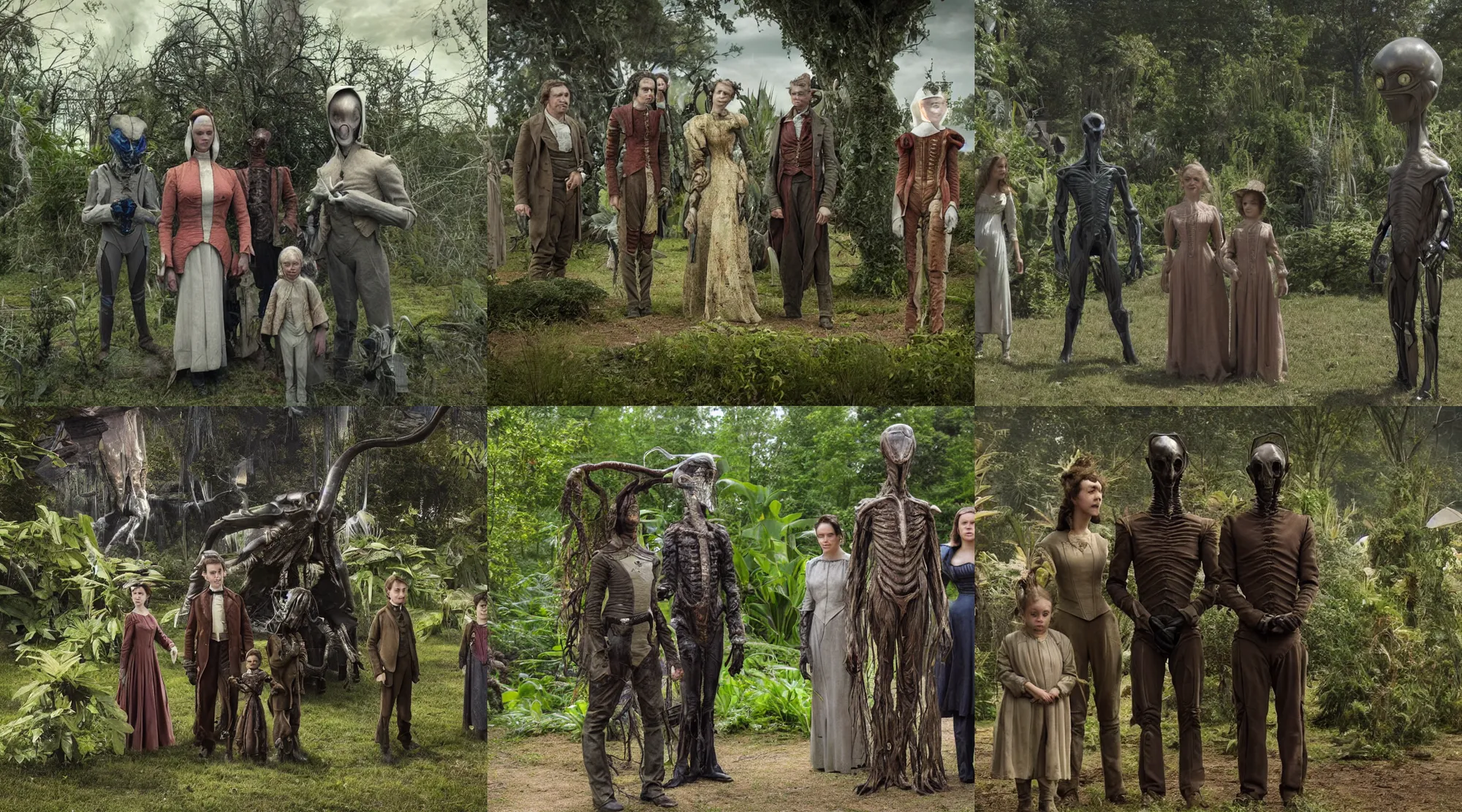 Prompt: still from a sci fi blockbuster movie made in 2022, set in 1860, of a family standing next to some strange wild alien plants wearing 1850s era clothes, a humanoid alien standing nearby, in a park on a strange alien planet, cinematic lighting, 4k, in focus faces, oscar winner, high quality photography, 35mm macro lens