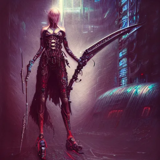 Image similar to a highly detailed long shot photo of cyberpunk female character by ayami kojima, elf, beksinski, giger, elf, wielding scythe, intricate, digital painting, artstation, concept art, smooth, sharp focus