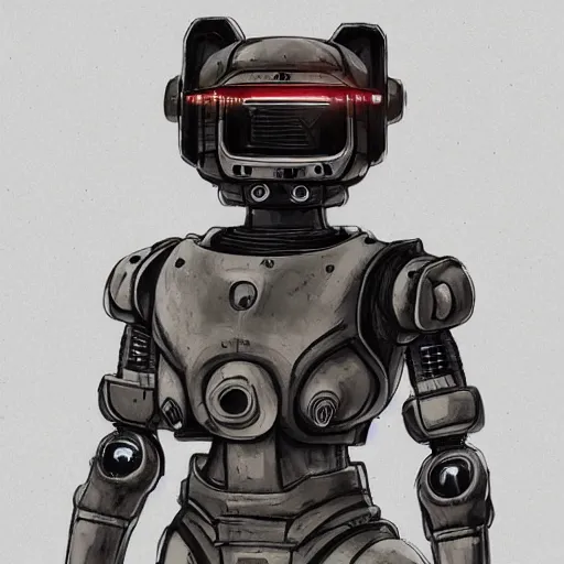 Image similar to anthropomorphic shiba inu robot power armor, face visible wearing no helmet, dark sci - fi background, intricate, highly detailed, smooth, artstation, concept art