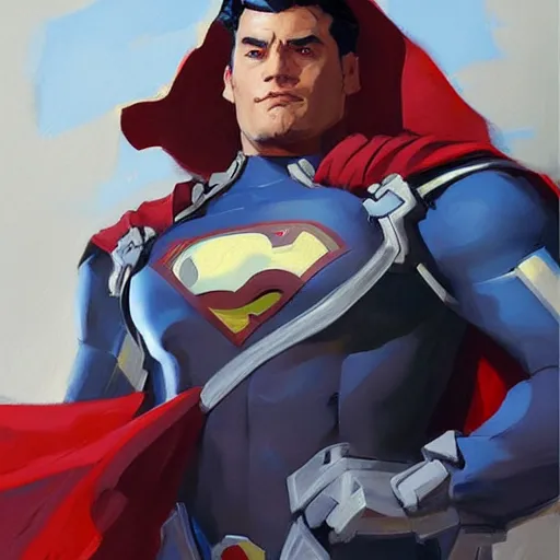 Prompt: greg manchess portrait painting of fully armored superman as overwatch character, medium shot, asymmetrical, profile picture, organic painting, sunny day, matte painting, bold shapes, hard edges, street art, trending on artstation, by huang guangjian and gil elvgren and sachin teng