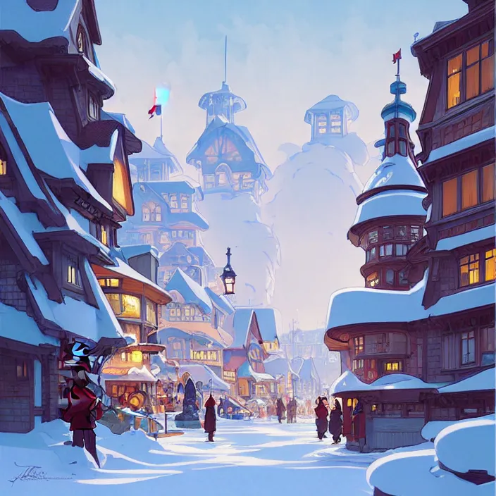 Prompt: canadian city, winter, in the style of studio ghibli, j. c. leyendecker, greg rutkowski, artem