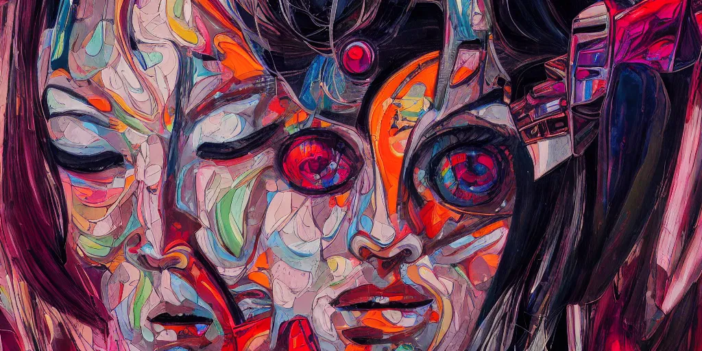 Prompt: abstract painting, cyborg woman crying, in the style of jin kagetsu and james jean, background by beatriz milhazes, highly detailed, face symmetry, masterpiece, sharp focus, realistic intricate concept art, dramatic lighting, 8 k