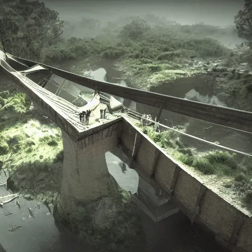 Image similar to a gigantic bridge over a pit filled with creatures, artistic render, ultrarealistic, 8 k.