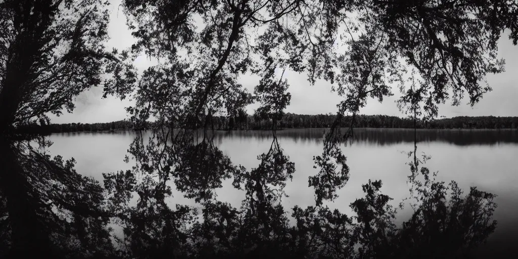 Image similar to centered photograph of a long rope snaking across the surface of the water, stretching out towards the center of the lake, a dark lake on a cloudy day, mood, trees in the background, anamorphic lens