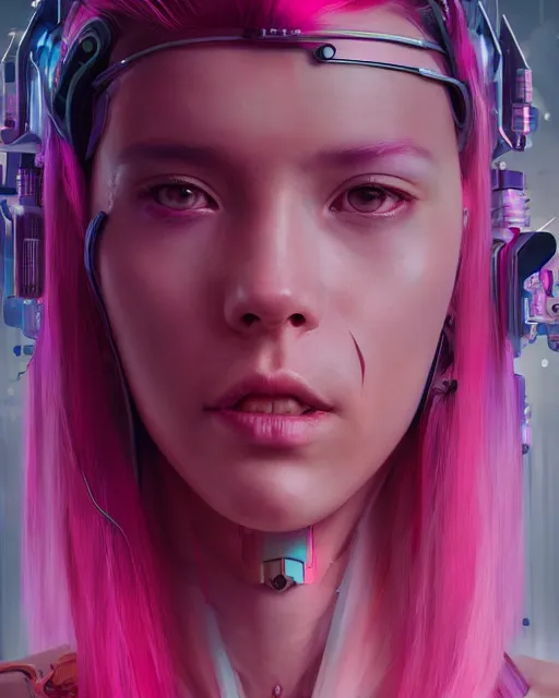 Prompt: portrait of a beautiful woman with pink hair as a cyberpunk cyborg, sci - fi, missing panels, intricate abstract upper body intricate artwork, by tooth wu, wlop, beeple, dan mumford. concept art, octane render, deviantart, greg rutkowski, cinematic, key art, hyperrealism, iridescent accents