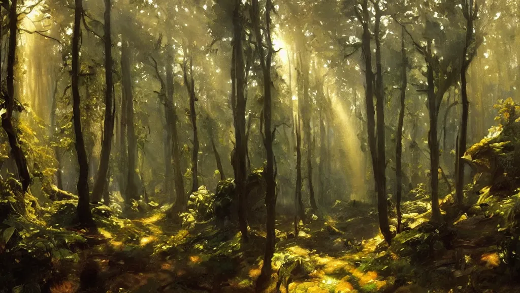 Image similar to A John Singer Sargent oil painting of a hauntingly beautiful elven forest in the morning; rays of light coming through the canopy; trending on artstation; extraordinary masterpiece!!!!!!; 8k