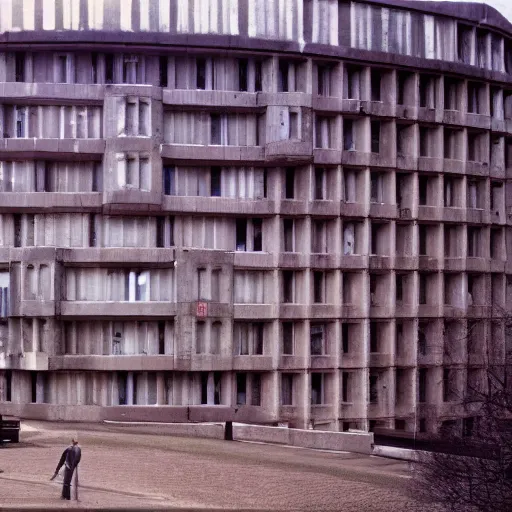 Prompt: 1971 England, Soviet England, brutalist buildings, cinematic