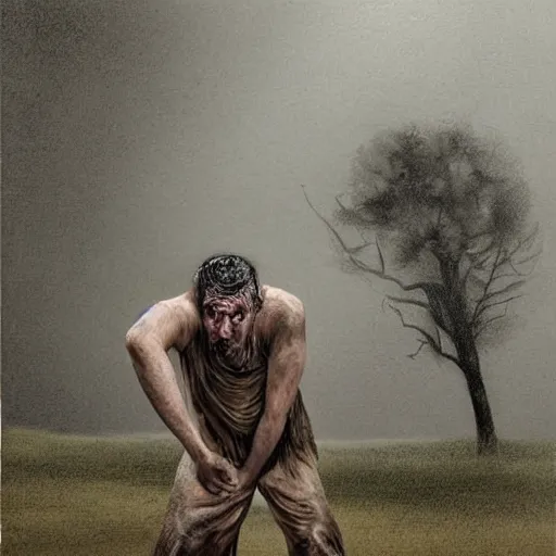 Image similar to The drawing shows a man caught in a storm, buffeted by wind and rain. He clings to a tree for support, but the tree is bent nearly double by the force of the storm. The man's clothing is soaked through and his hair is plastered to his head. His face is contorted with fear and effort. by Bo Bartlett haunting, artificial