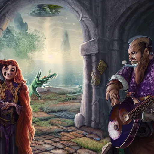 Image similar to A bard and a sad lizard person, Dungeons and Dragons, Wizards of the Coast, 4k, high detail