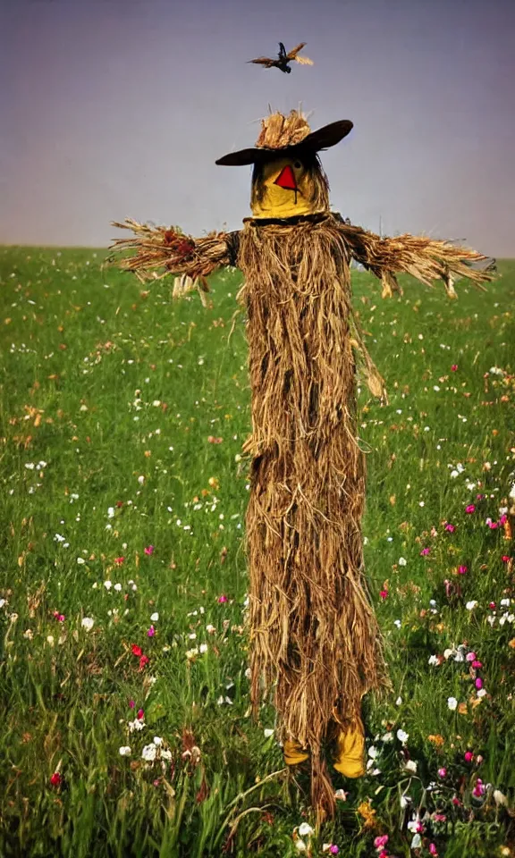 Prompt: scarecrow in beautiful meadow of flowers, ww1 photo, grainy, high detail, high resolution,