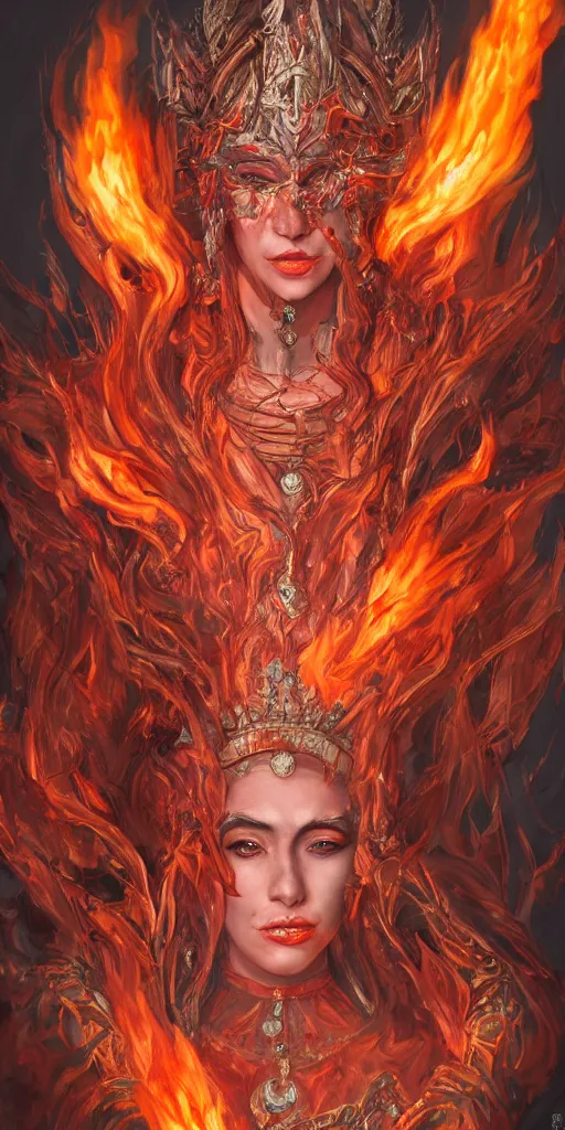 Prompt: Fantasy character portrait of distorted detailed painting of a queen woman made of fire, hyper detailed, red flames, trending on Artstation