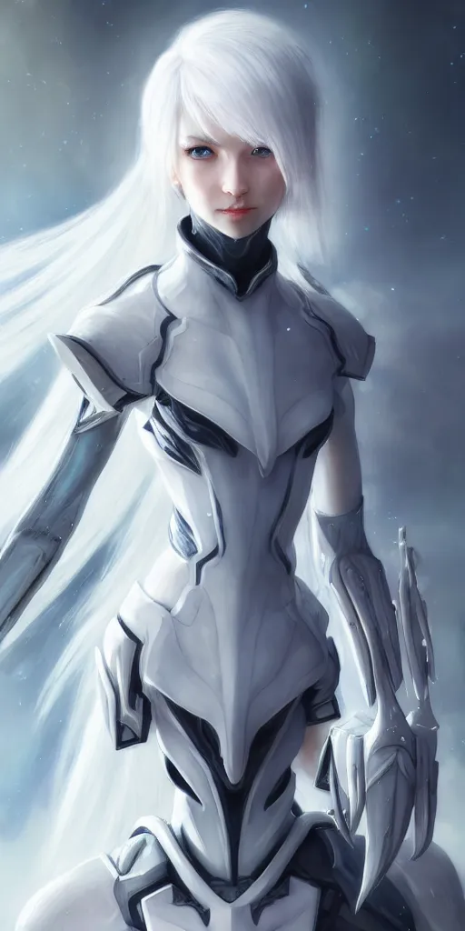 Image similar to perfect white haired girl, warframe armor, beautiful, dreamy, portrait, highly detailed, digital painting, trending on artstation, concept art, sharp focus, illustration, pretty face, blue eyes, sci - fi platform, front lit, laboratory, experiment, masterpiece, art by masayoshi tanaka, akihiko yoshida, kazuya takahashi