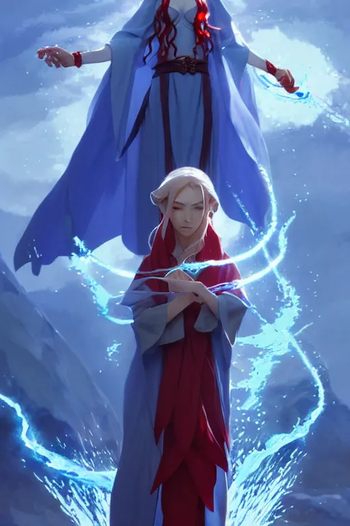 Image similar to elf female sorcerer doing water magic spells, blue robes, red hair, finely detailed perfect face, exquisite details, mid view, design on a white background, by studio muti, greg rutkowski makoto shinkai takashi takeuchi studio ghibli