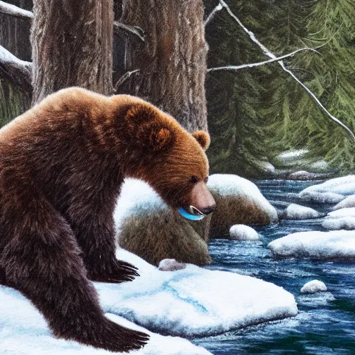 Prompt: cute fluffy baby bear cub sitting in snowy winter river landscape catching salmon, salmon in mouth, detailed painting 4k