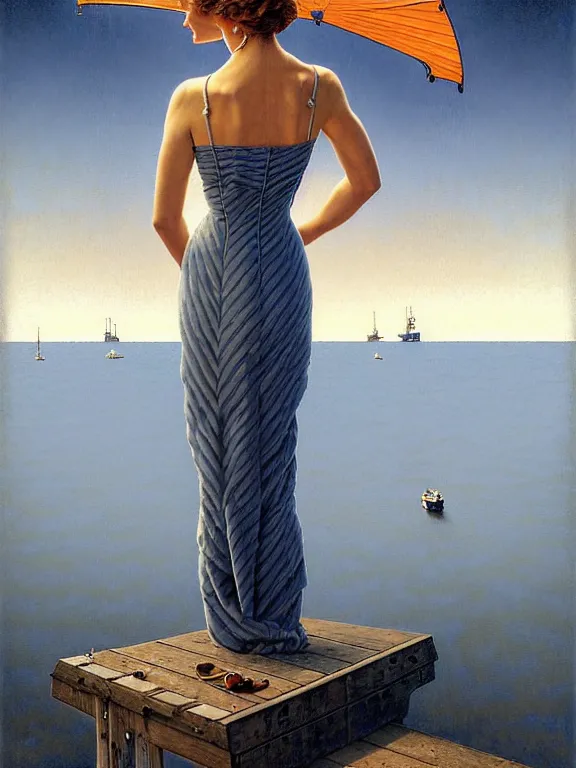 Image similar to a fancy beautiful woman standing on a wharf at the edge of a cold sea by rob gonsalves and vladimir kush and ruth deckard and gil elvgren and harry ekman and george petty and hilo chen and norman rockwell, crisp details, hyperrealism, high detail, high contrast, low light, grey mist, cobblestones, dim lantern