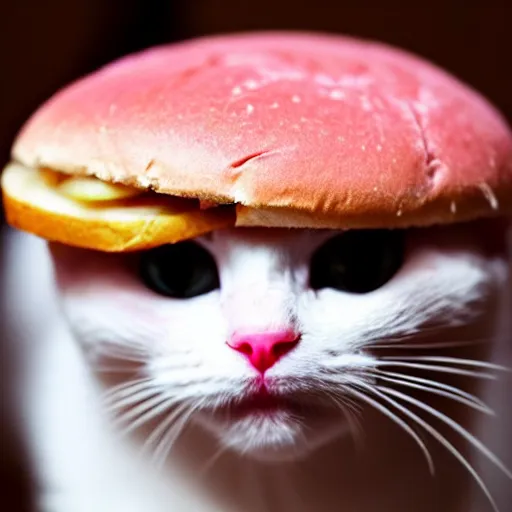 Image similar to photo of a pink cat, biting a hamburger, munching on a hamburger, eating a hamburger, pink cat