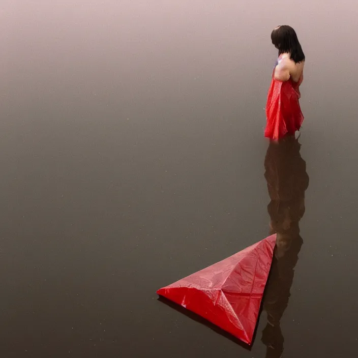 Image similar to a closeup portrait of a woman wrapped in plastic, standing next to a levitating ruby triangle, in a foggy pond, color photograph, by vincent desiderio, canon eos c 3 0 0, ƒ 1. 8, 3 5 mm, 8 k, medium - format print