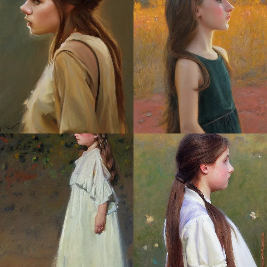 Prompt: girl with long hair, profile, silk dress, by morgan weistling