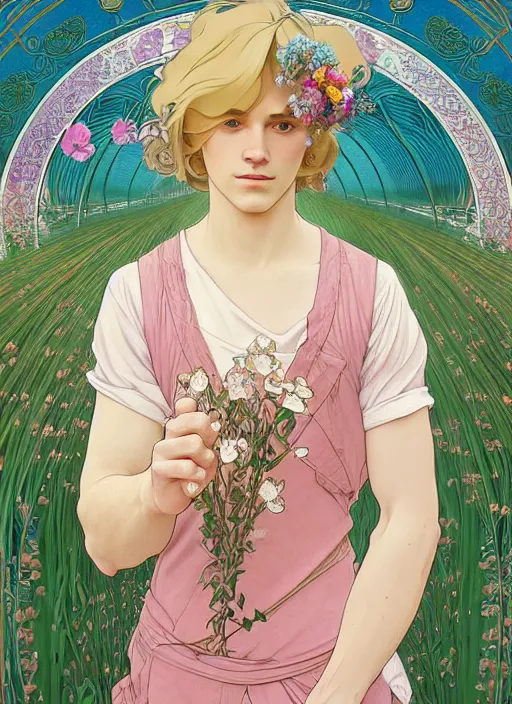 Prompt: pretty young man with shoulder length blond hair, half body shot, emotional, decorative flower patterned background, path traced, highly detailed, high quality, digital painting, by studio ghibli and alphonse mucha, leesha hannigan, hidari, disney, jules bastien - lepage, art nouveau, martine johanna, android jones