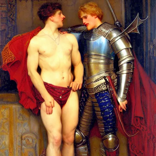 Image similar to attractive fully clothed arthur pendragon confesses his love for his attractive fully clothed male knight. highly detailed painting by gaston bussiere and j. c. leyendecker 8 k