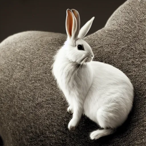 Prompt: A photograph of a rabbit sitting on the back of a cat in the style of Annie Leibovitz