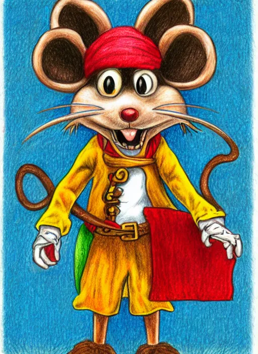 Image similar to detailed colored pencil drawing of an anthropomorphic mouse as a pirate