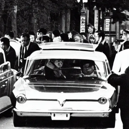 Prompt: 1960s press archive of the actress Kim Jong-il coming out of a car, faces obscured, Reuters, 35mm film, film grain, mysterious exterior, underexposed
