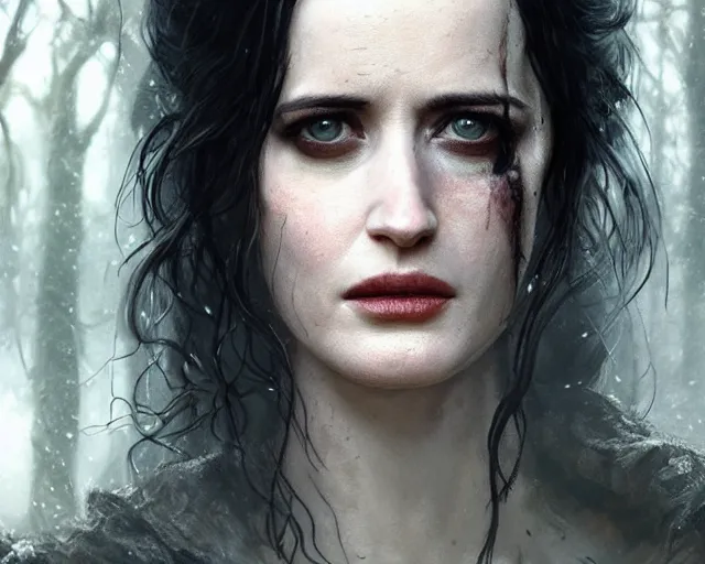 Image similar to 5 5 mm portrait photo of a real life tough looking battle hardened eva green as ciri with a thin face and a large scar across her left cheek, in a magical forest. dark atmosphere. art by greg rutkowski. highly detailed 8 k. intricate. lifelike. soft light. nikon d 8 5 0.
