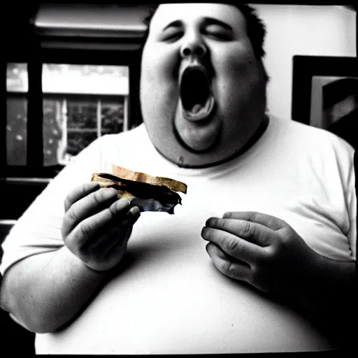 Prompt: a black and white film photograph snapshot of a fat man biting a sandwich. no hands. no fingers. holga, lomo, lomography, retro, toy camera, film, tri - x, plus - x, vintage