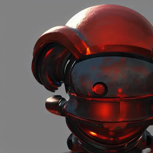 Prompt: a withered humanoid, wearing a round helmet, wearing red eye visor covering eyes, futuristic, industrial sci fi, unreal engine 5, glossy, high detail, extremely high poly