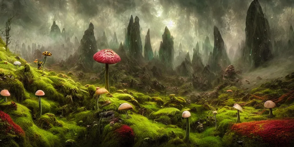 Prompt: surreal fairyland scenery landscape, lord of the rings, aurora borealis, mist, monoliths, flowers, mushroom structures, moss highly detailed, vivid color, perfect lighting, perfect composition, 8 k, brian froud, artgerm, derek zabrocki, greg rutkowski