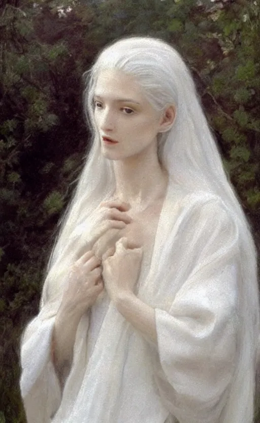 Image similar to say who is this with silver hair so pale and wan! and thin!? female angel, wearing white robes flowing hair, pale fair skin, you g face, silver hair, covered!!, clothed!! lucien levy - dhurmer, fernand keller, oil on canvas, 1 8 9 6, 4 k resolution, aesthetic!, mystery