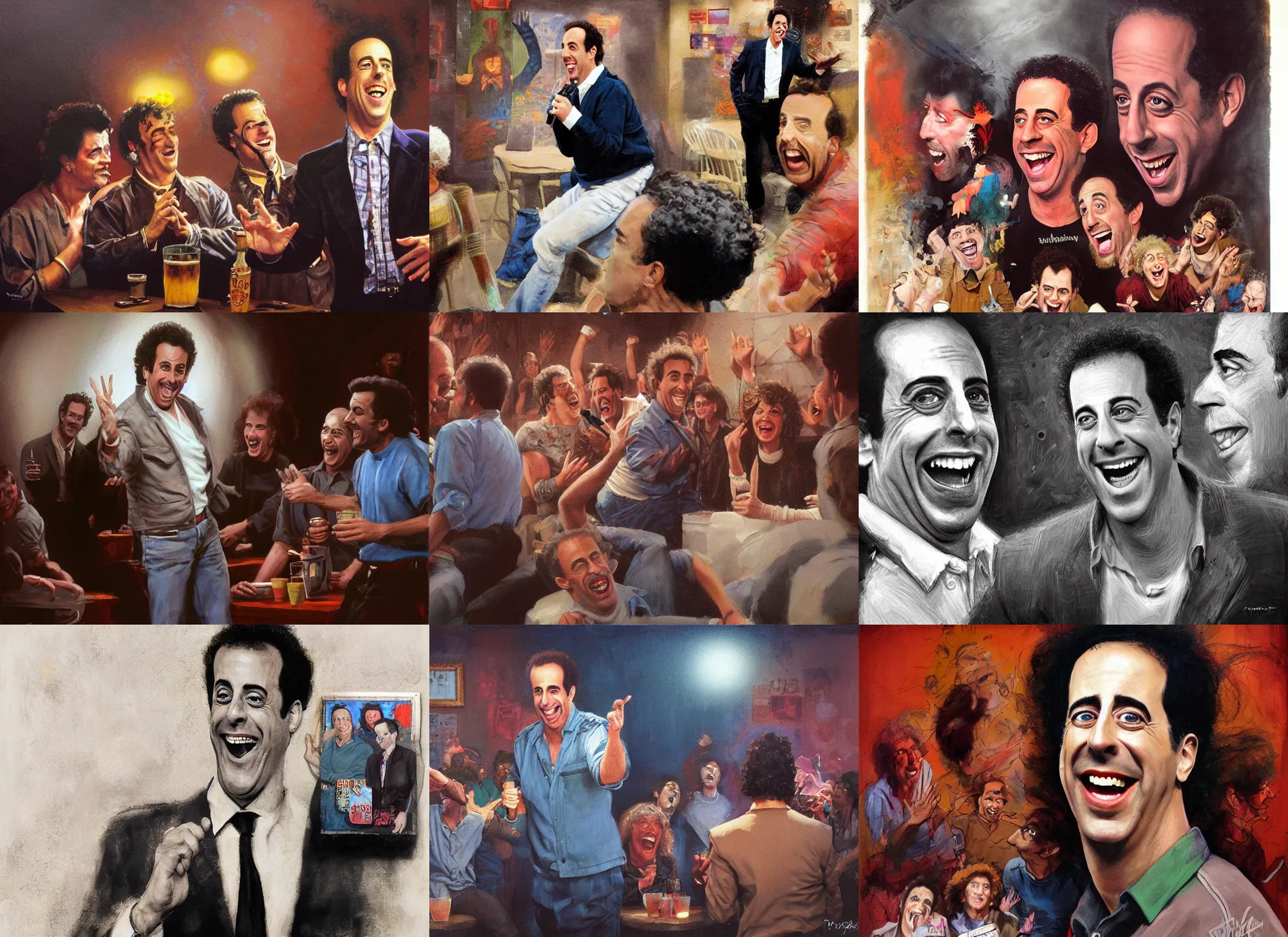 Prompt: a mixed media portrait painting of nineteen eighties jerry seinfeld being laughed at by joyful patrons of a comedy club, hyperrealistic, detailed face, minimalist, by frank frazetta, greg rutkowski, christian macnevin, wlop, krenz cushart, epic fantasy character art, volumetric lighting, cgsociety, exquisite detail, masterpiece, cinematic