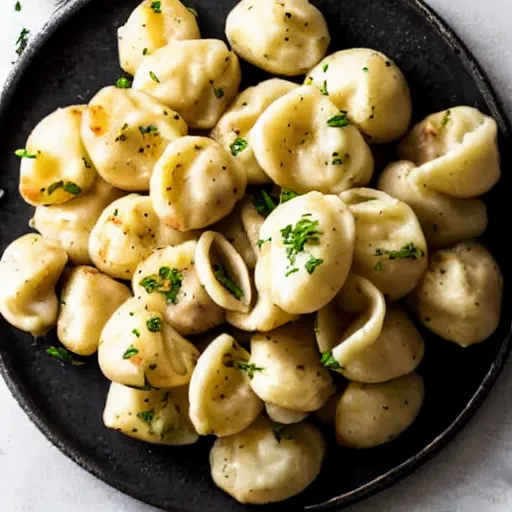 Prompt: a plate of fried pelmeni with a side of fried chopped potatoes