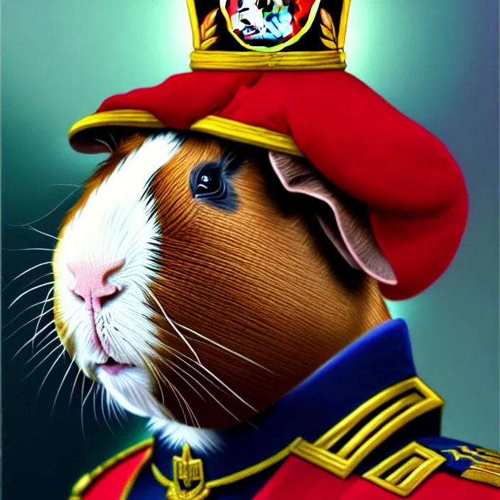 Image similar to guinea pig general wearing his uniform, looking proud as if he had won the battle. award winning, portrait bust, symmetry, faded colors, by larry elmore, masterpiece, trending on artstation, cinematic composition, beautiful lighting, hyper detailed!!!, 8 k, oil on canvas